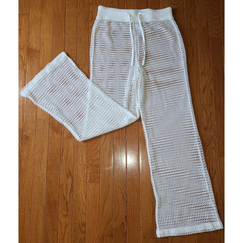 SERRA White Netted Beach & Pool Pant Women S 4-6 Waist Boho Resort Cover Up Wide